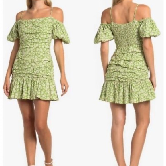ASTR The Label Ditsy Ruched Mini Dress Size XL Off The Shoulder - Picture 1 of 7